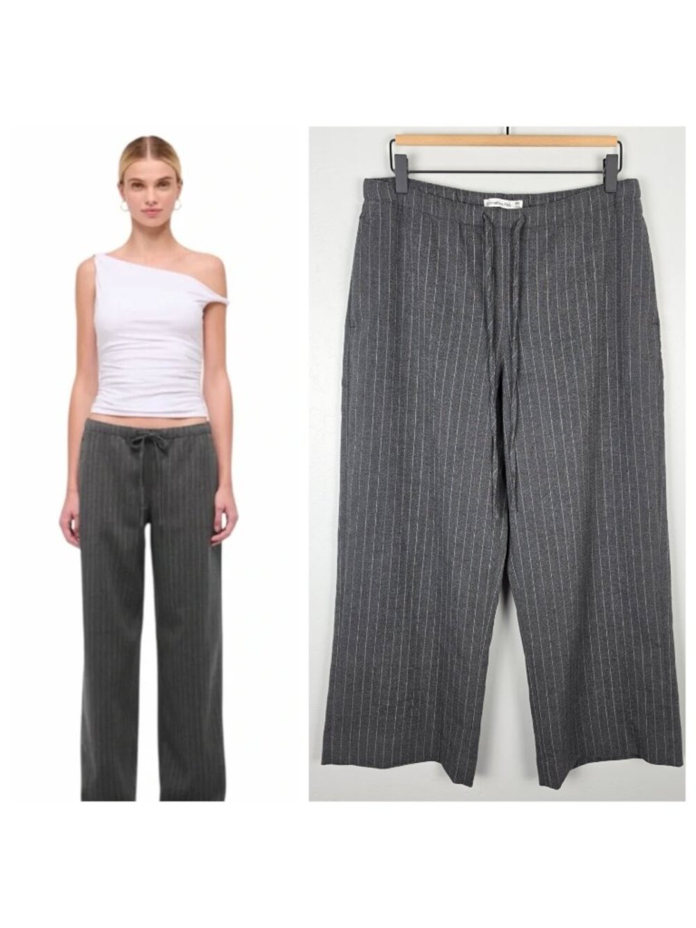 Abercrombie & Fitch Wide Leg Pull On Pant Crop Trouser Pinstripe Gray Size M